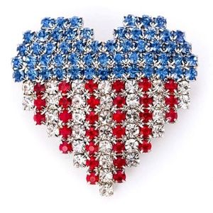 Rhinestone Heart USA American Brooch Pin Silver